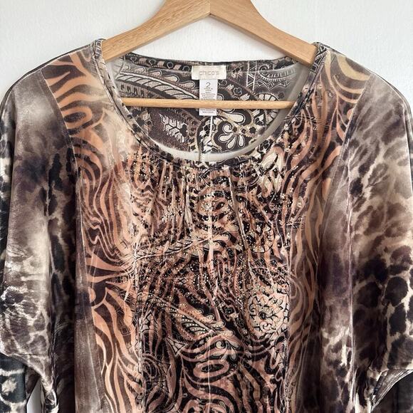 CHICO’S Burnout Velvet Brown Embellished Tunic Blouse Top Stretch Fall Size 2 L - Picture 3 of 9